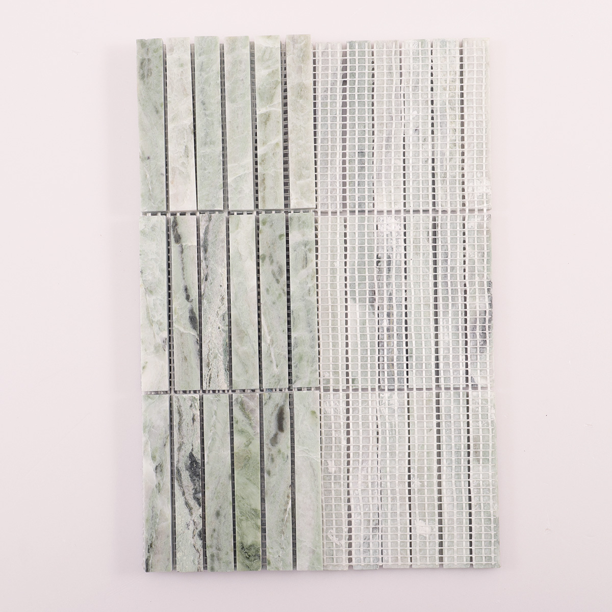 Folded back side of Ming green marble polished mosaic tiles