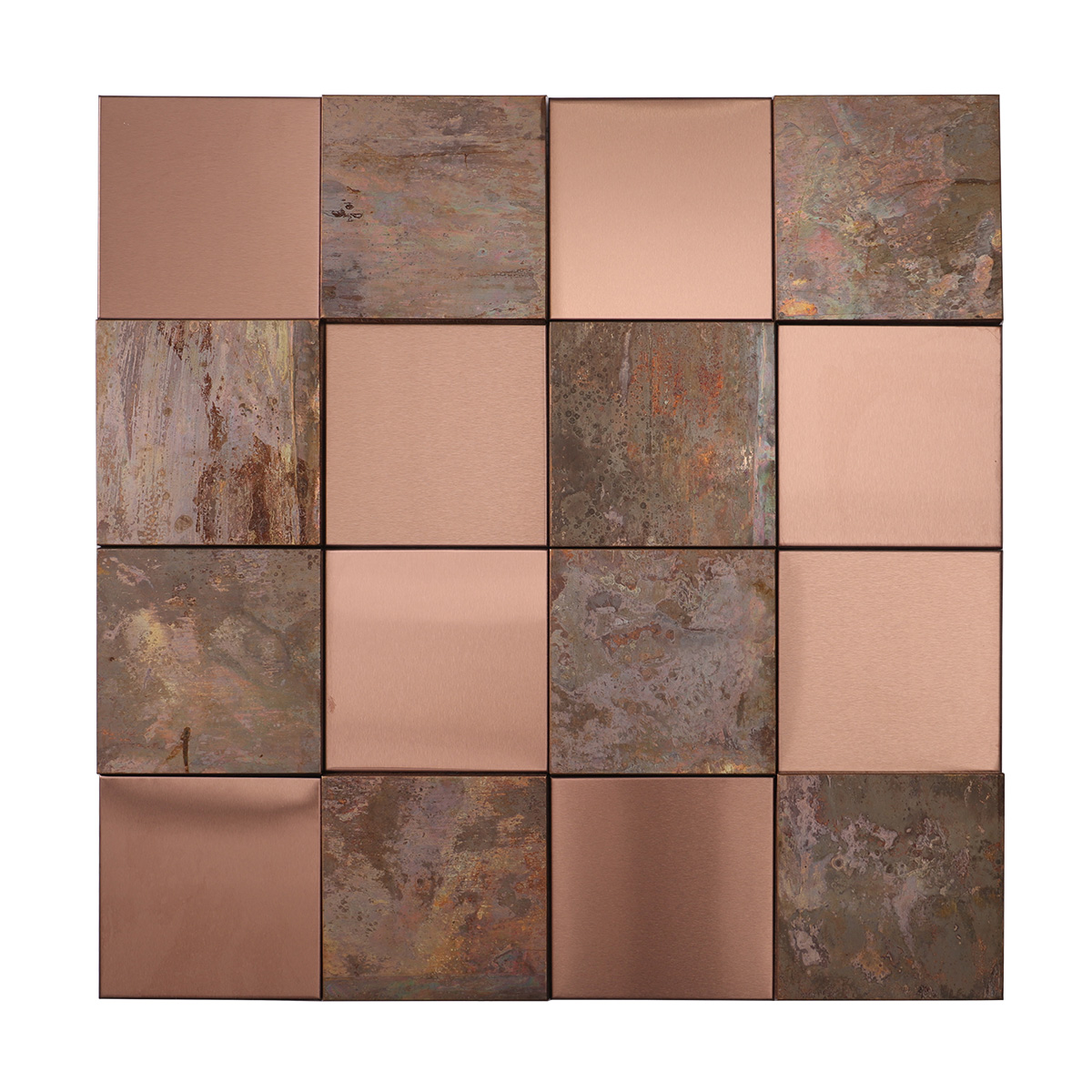 Obverse side of copper and rose stainless steel 3D mosaic tiles.