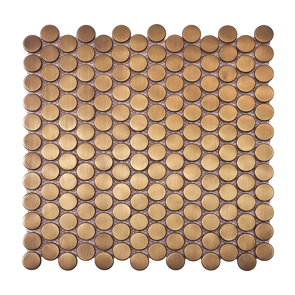 Obverse side of penny rounds brass mosaic metallic tiles.