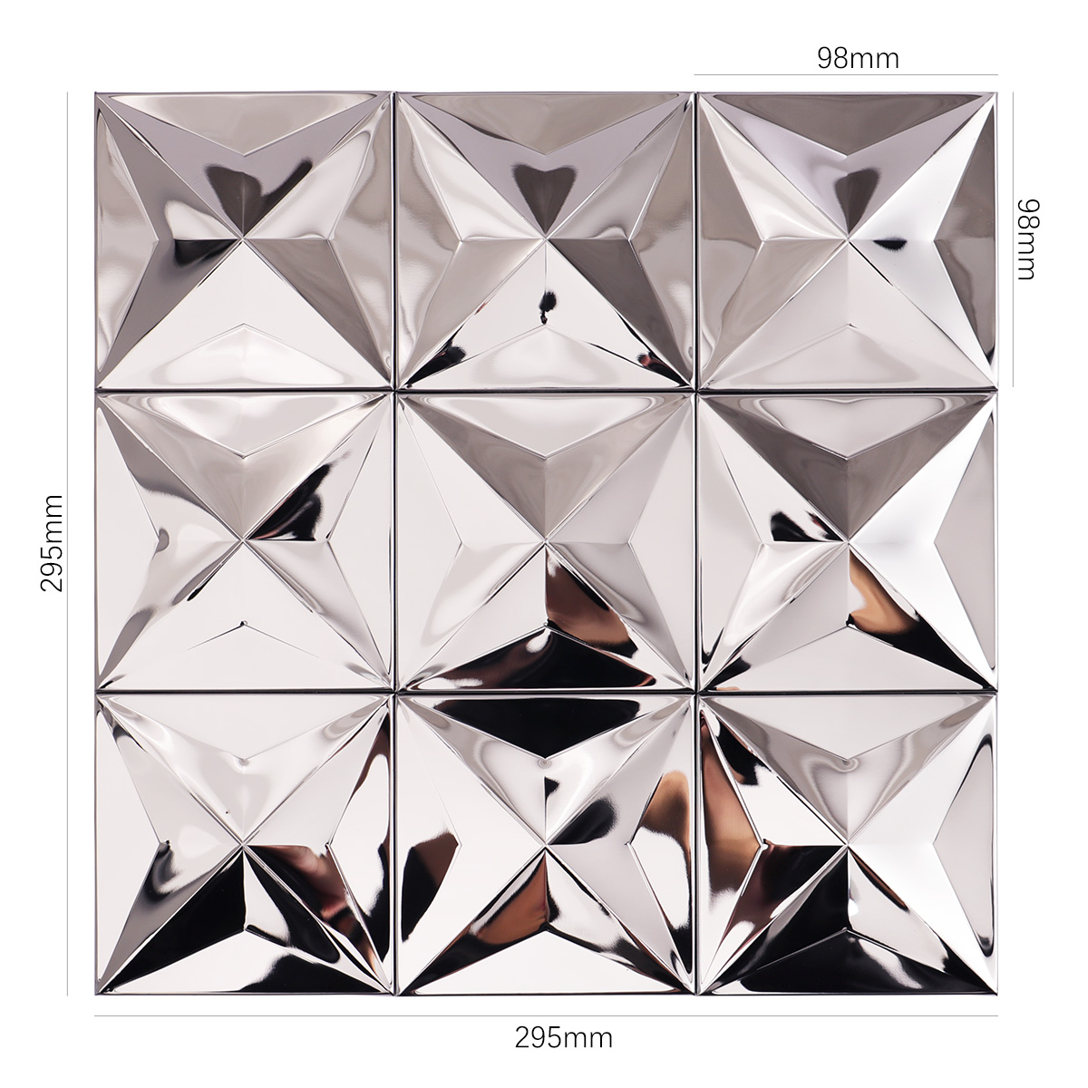 Obverse side of 3D silver mirror stainless steel square metal mosaic tiles, showing size