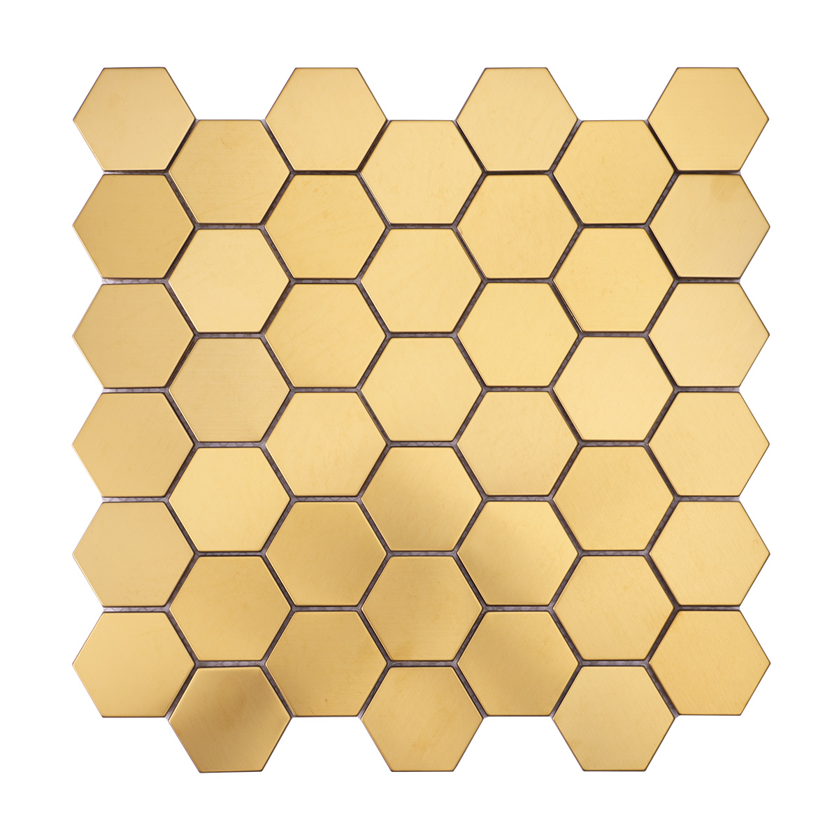 Obverse side of hexagon gold stainless steel mosaic wall tiles.