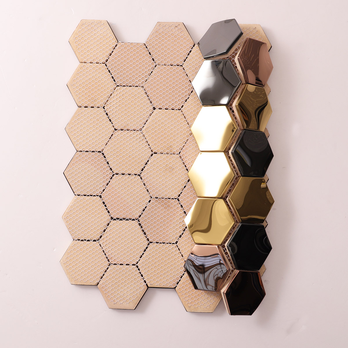 3D Mirror Black and Gold Hexagon Stainless Steel Mosaic Tiles-SAICINA TILES