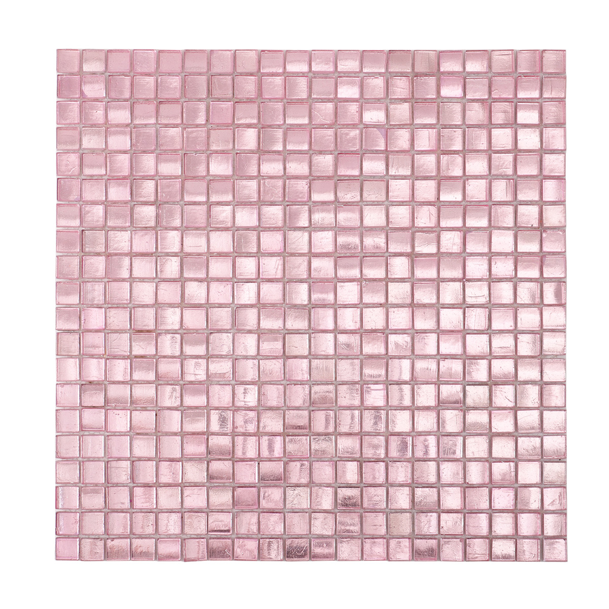 Obverse side of pink metallic foil glass mosaic tiles.