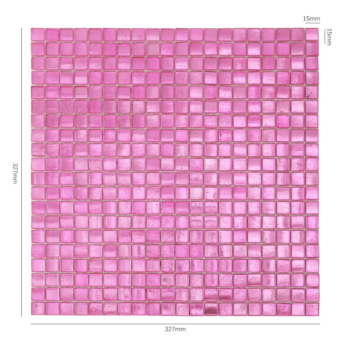 Size view of obverse side of glossy uniform square pink foil glass mosaic tiles.