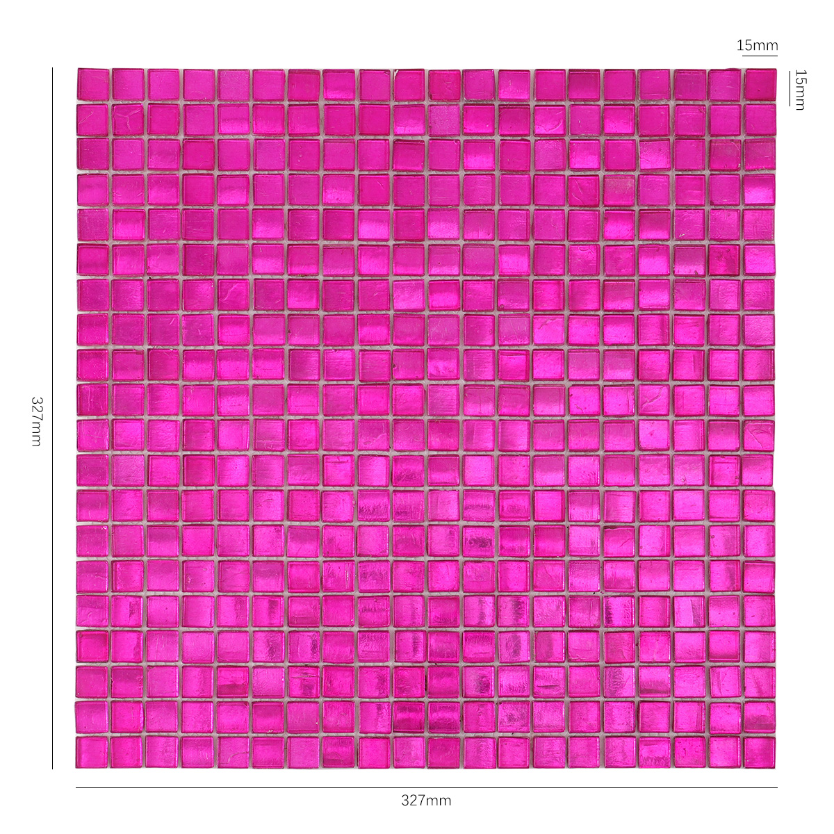 Obverse side of hot pink foil square glass mosaic tiles, showing size.