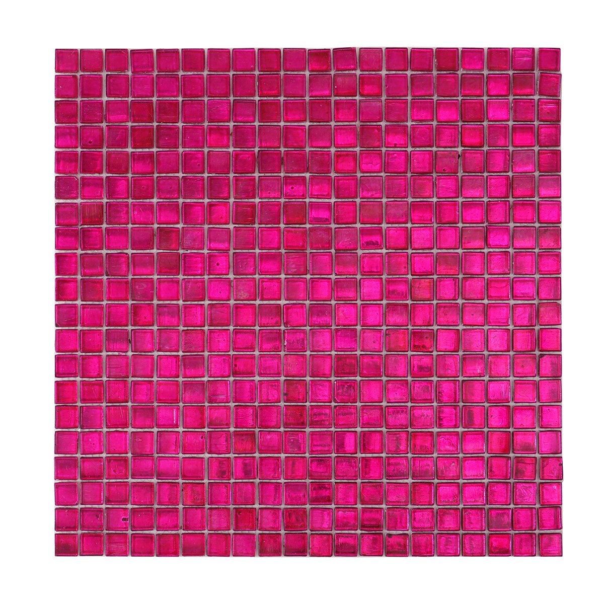 Obverse side of dark pink foil glossy square glass mosaic tiles.