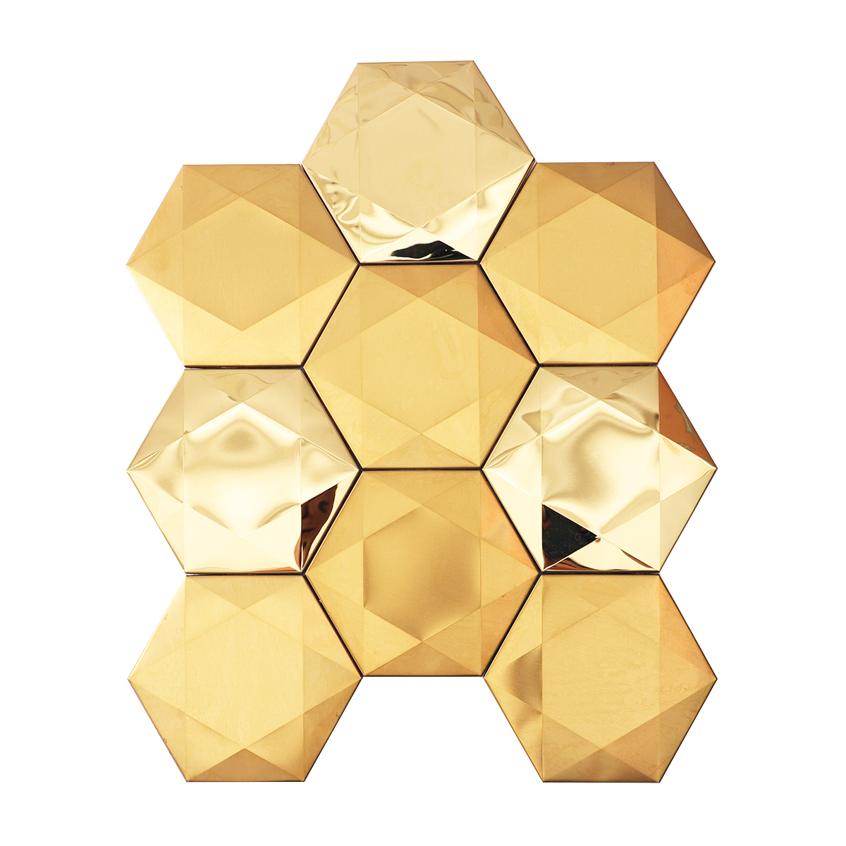 Obverse side of big hexagon 3D gold stainless steel metal mosaic tiles.