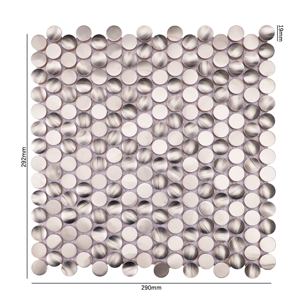 Obverse side of 3D penny round silver stainless steel mosaic tiles, showing size