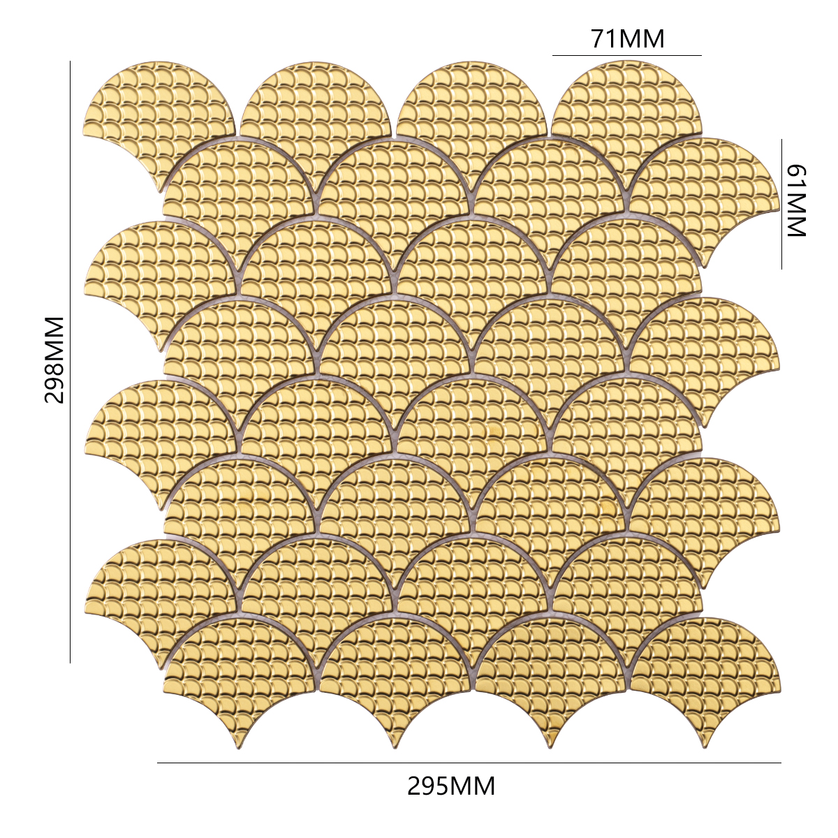 Obverse side of 3D gold metal shell shaped mosaic tiles, showing size.