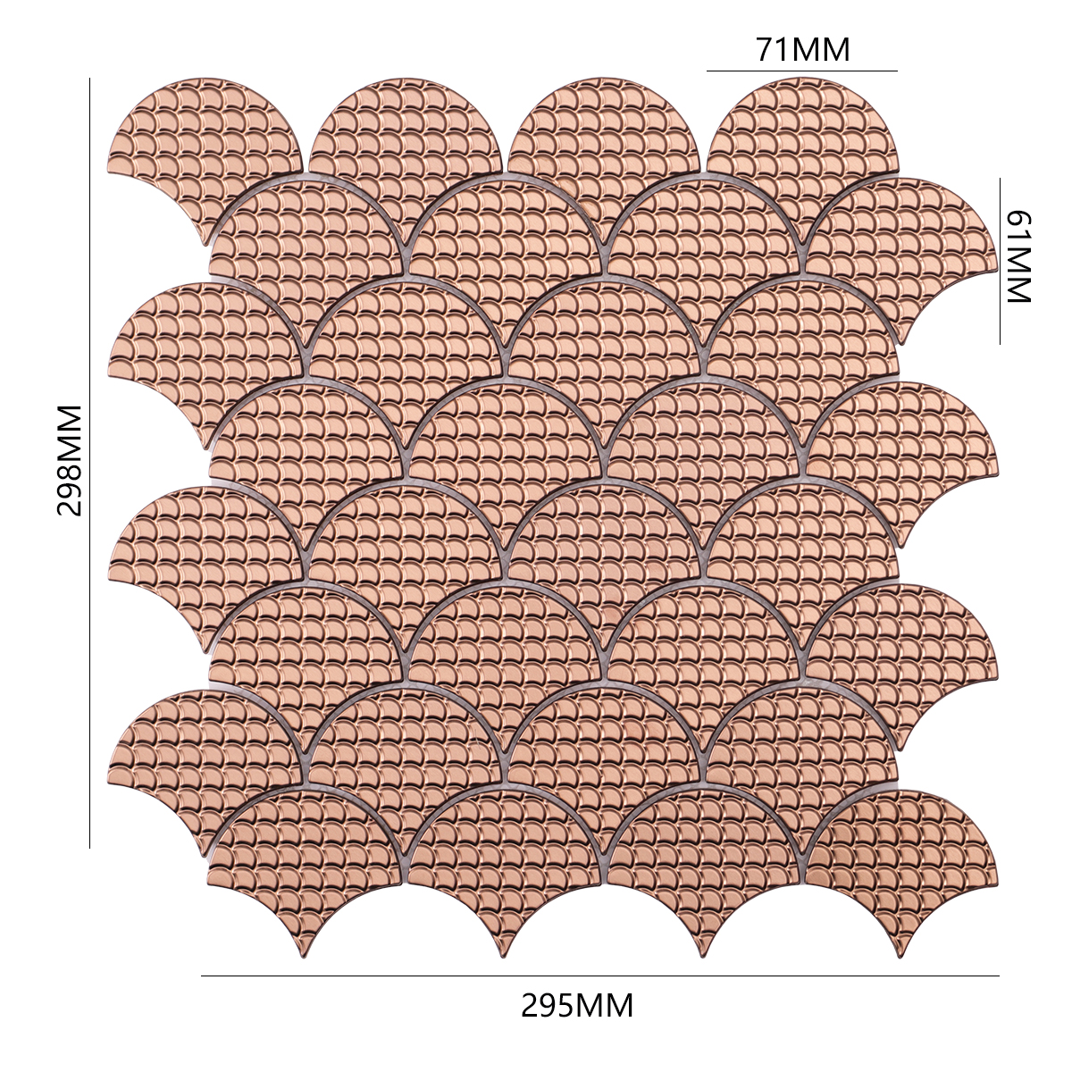 Obverse side of rose gold metal scallop mosaic tiles, showing size