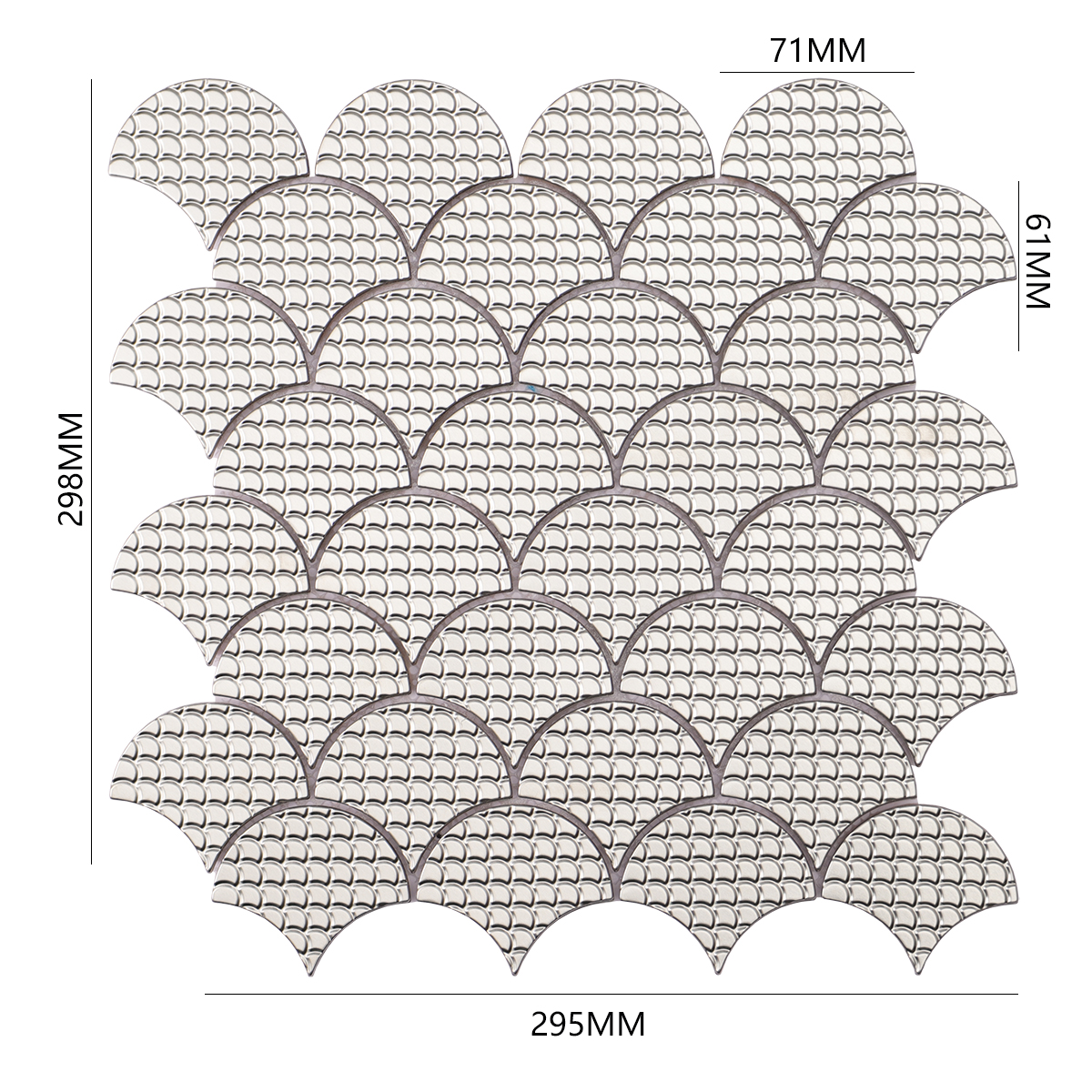 Obverse side of silver fish scale stainless steel metal mosaic tiles, showing size.