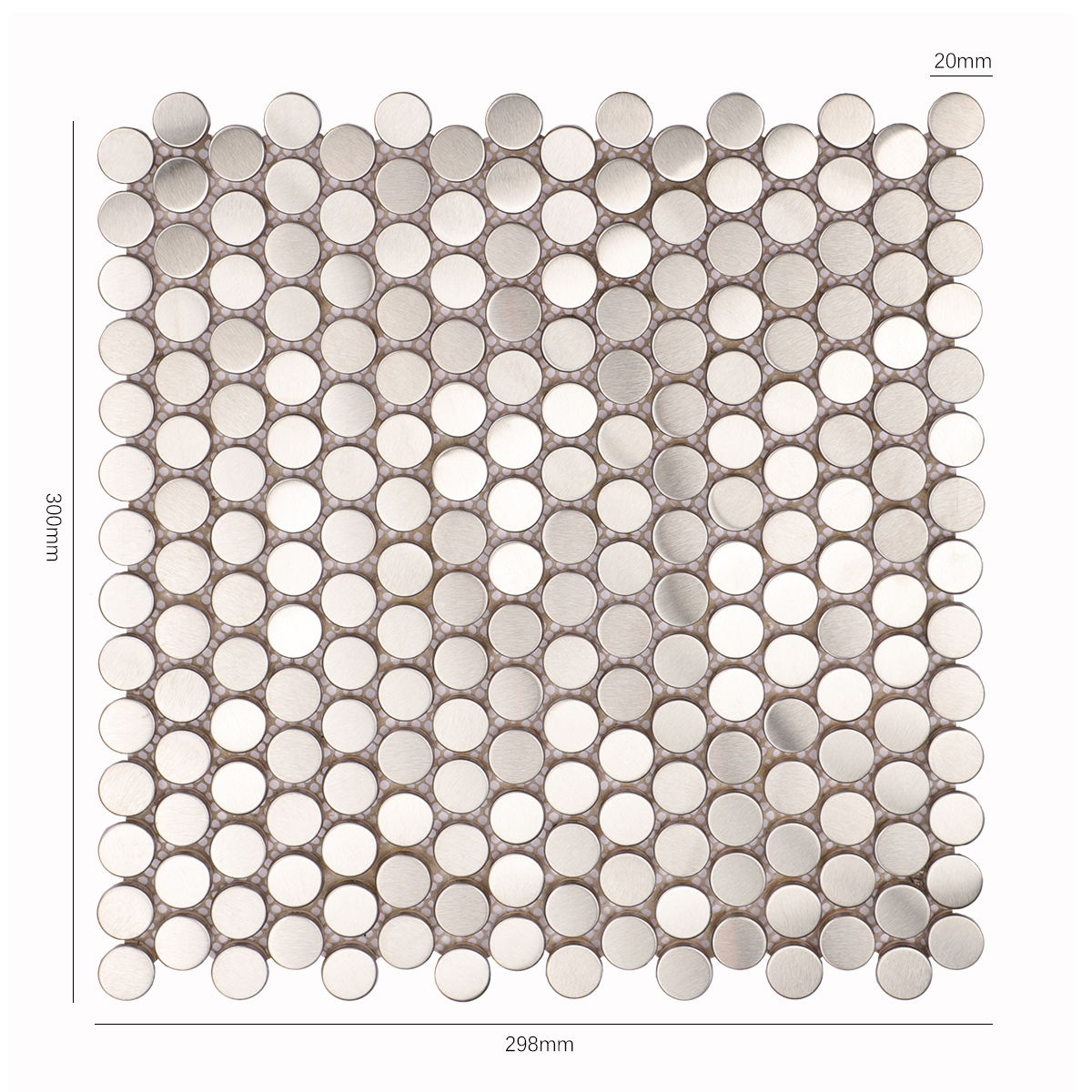 Size view of obverse side of brushed silver penny rounds metal mosaic tiles.