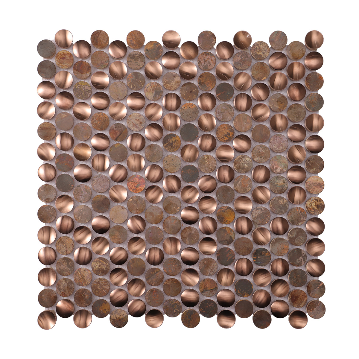 Obverse side of penny rounds stainless steel and copper mosaic tiles.