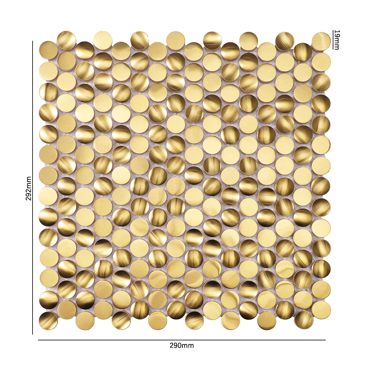 Size view of obverse side of 3D gold penny rounds brushed stainless steel mosaic tiles.