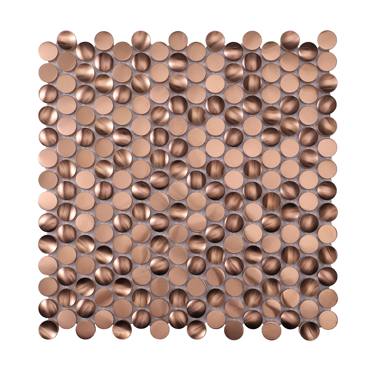 Obverse side of penny rounds rose gold 3D stainless steel mosaic tiles.
