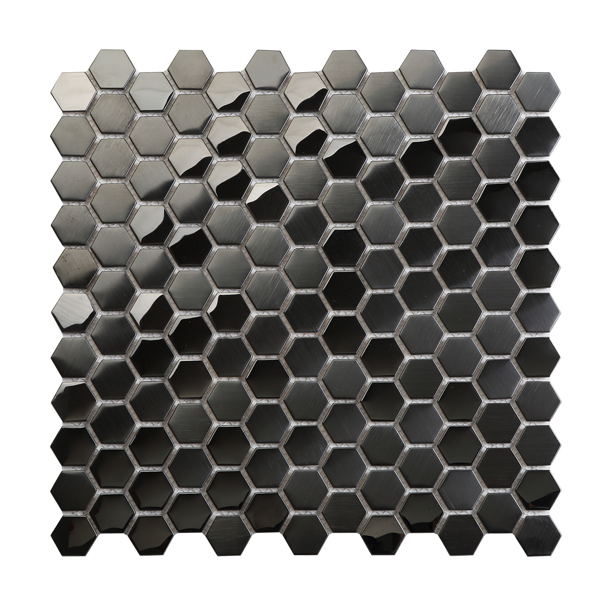 Obverse side of black stainless steel hexagon mosaic tiles.