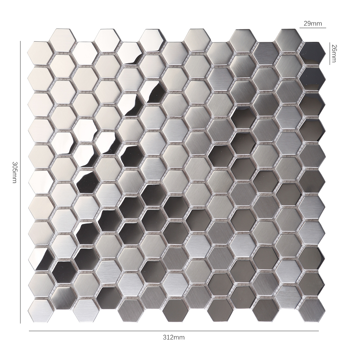 Size view of obverse side of silver hexagon stainless steel mosaic tiles.