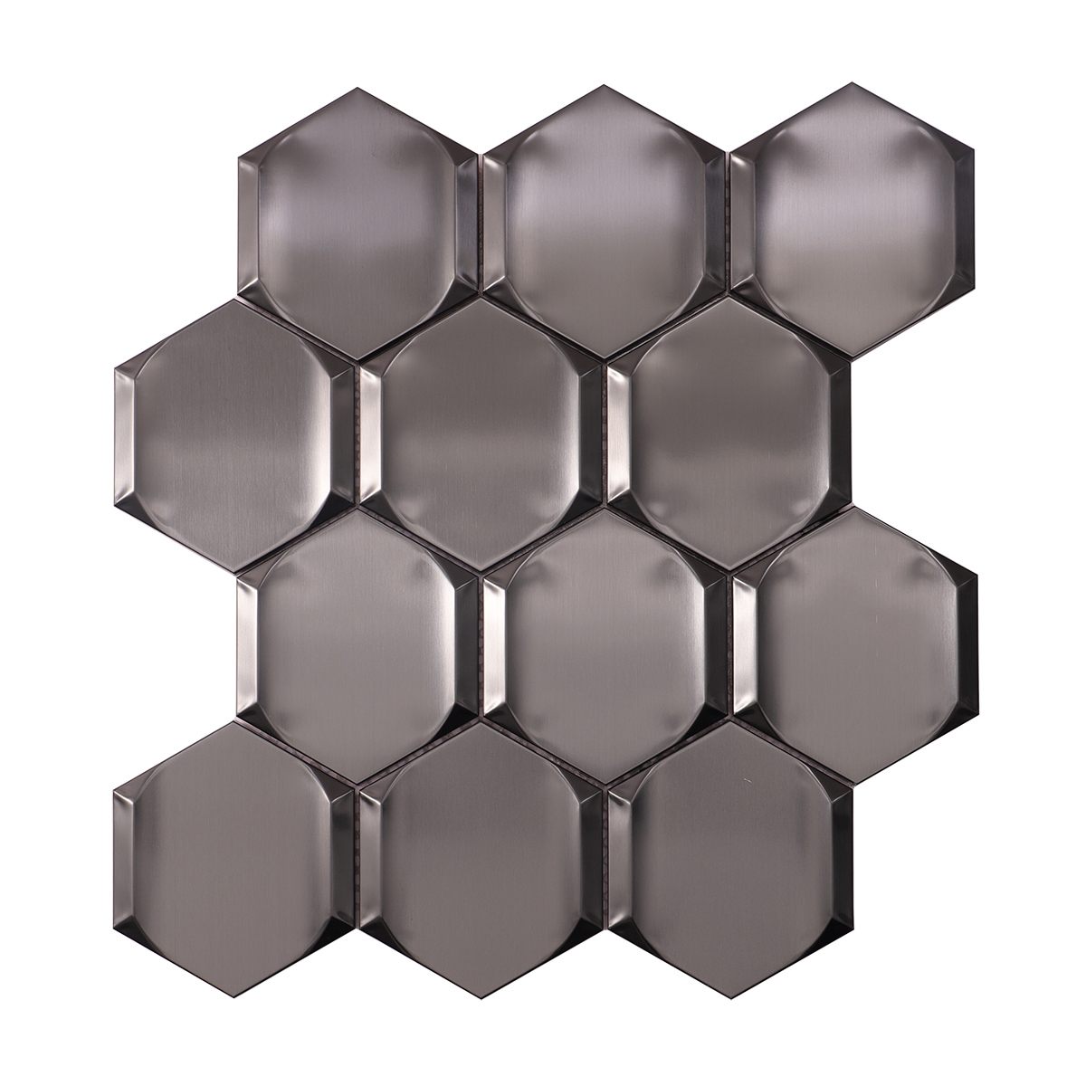 Obverse side of 3D black hexagon metal mosaic tiles.