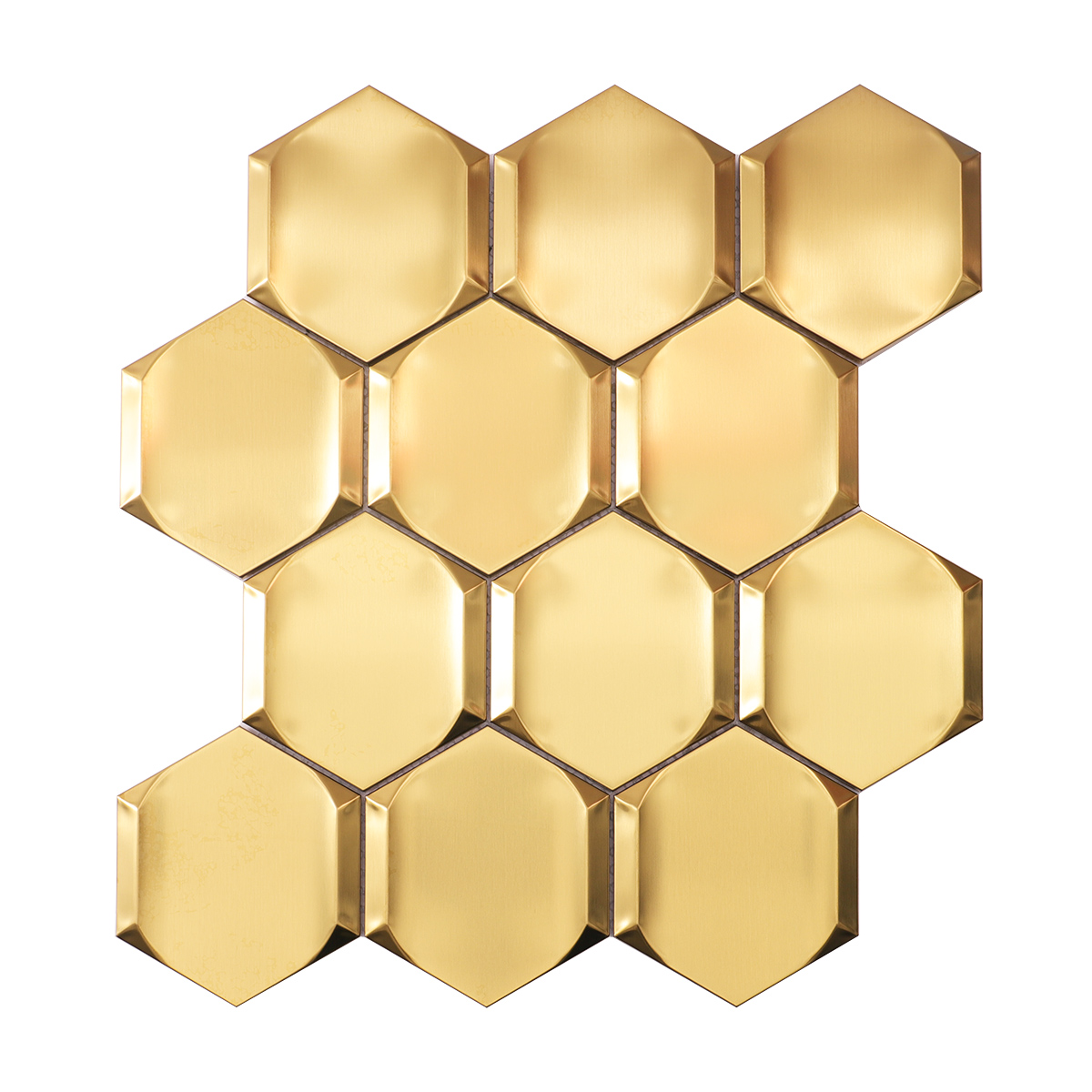 Obverse side of big hexagon gold 3D stainless steel metal mosaic tiles.