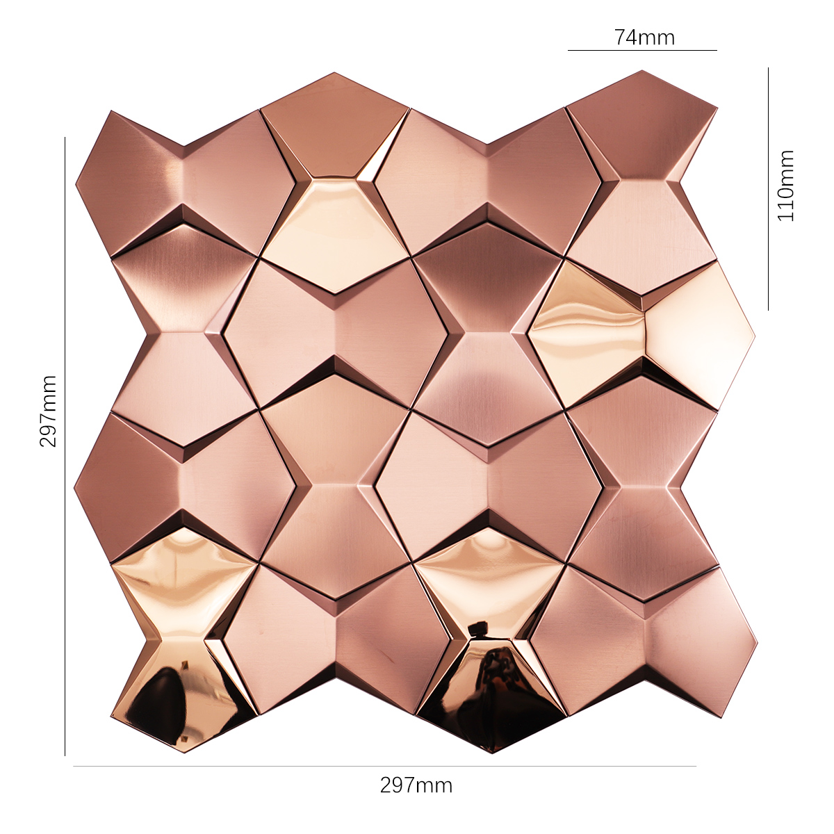 Obverse side of rose gold 3D metal mosaic tiles, showing size.