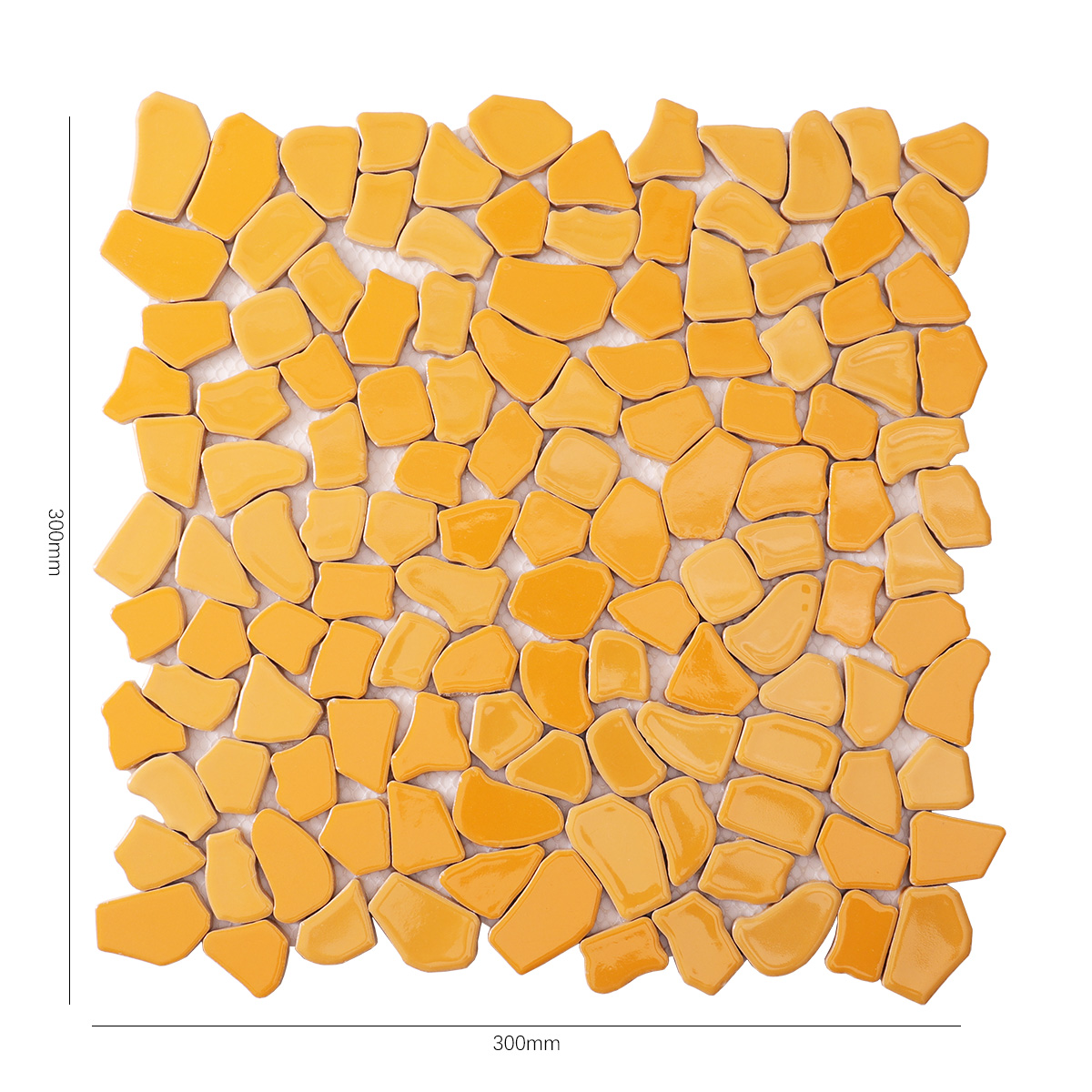 Obverse side of cracked ceramic mosaic art tiles, showing size.