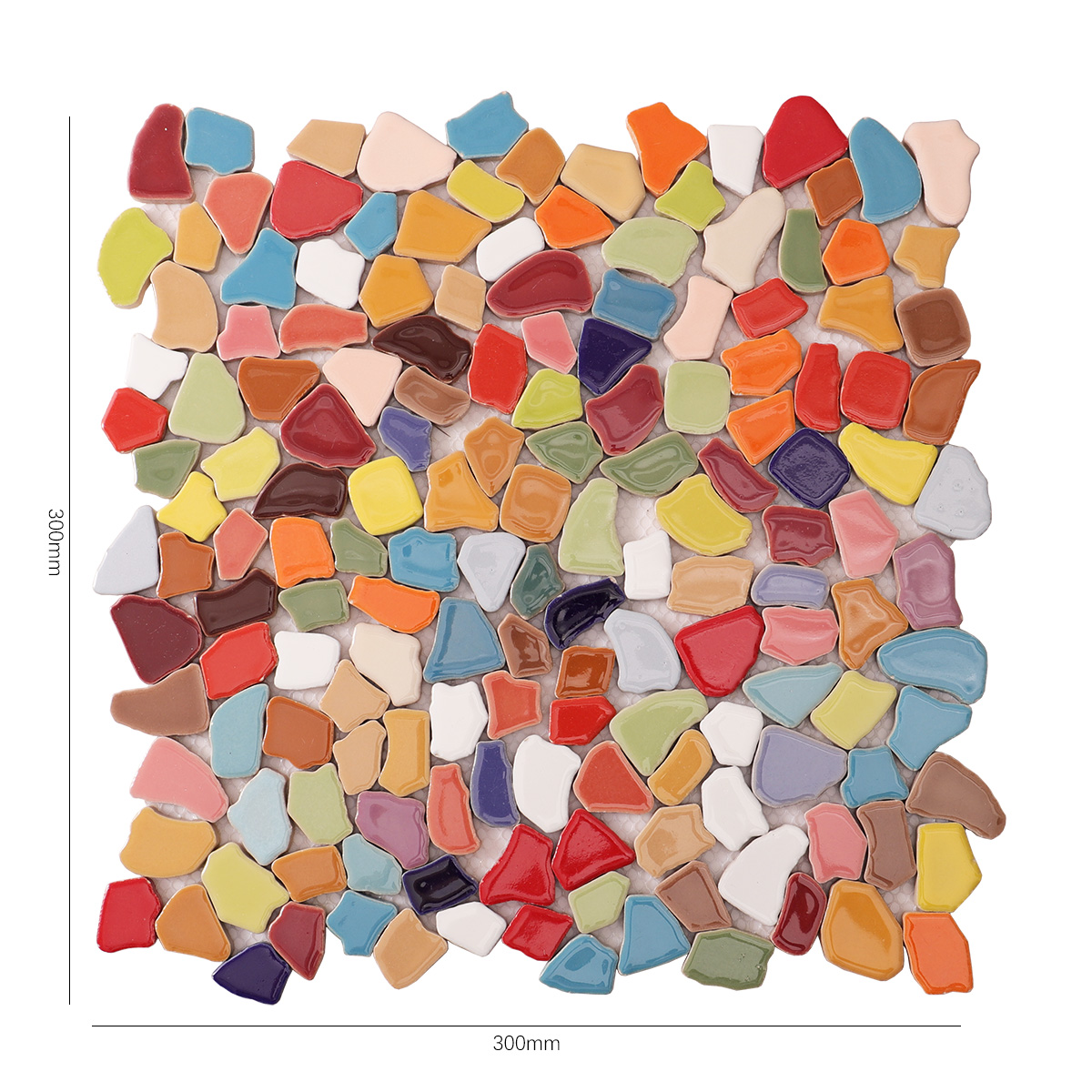 Size view of obverse side of colorful broken ceramic mosaic tiles