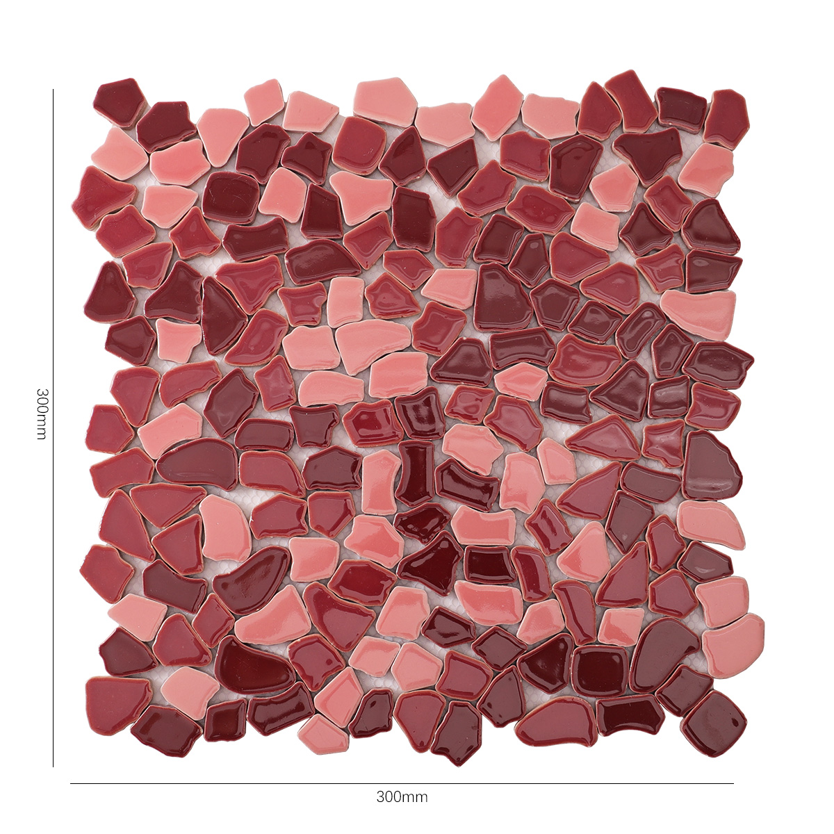 Obverse side of burgundy cracked ceramic mosaic tiles, showing size.