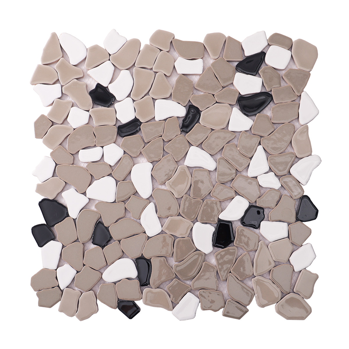 Obverse side of glossy grey ceramic cracked mosaic tiles.