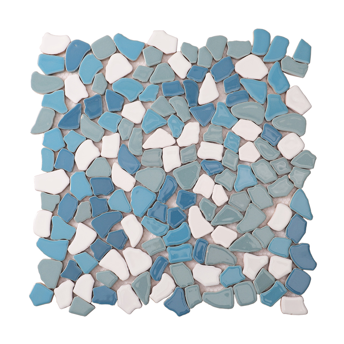 Obverse side of irregular broken ceramic pebble mosaic tiles