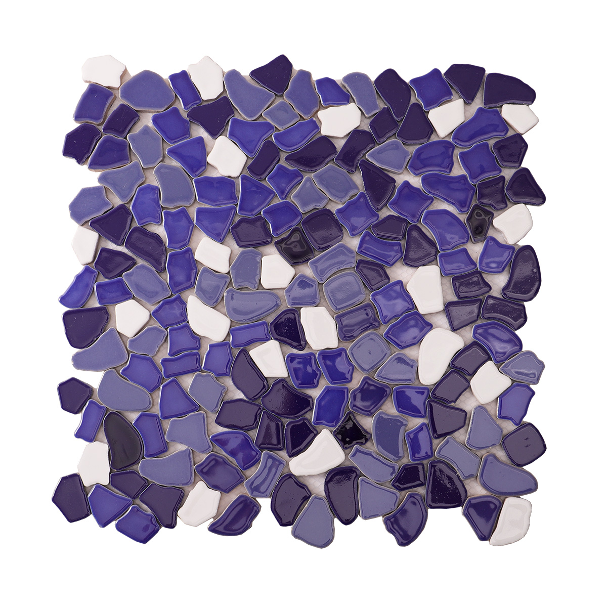 Obverse side of blue broken ceramic mosaic tiles.