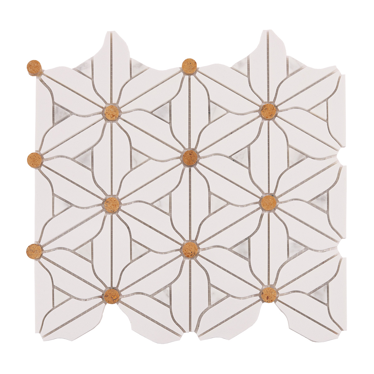 Obverse side of white floral marble mosaic tiles