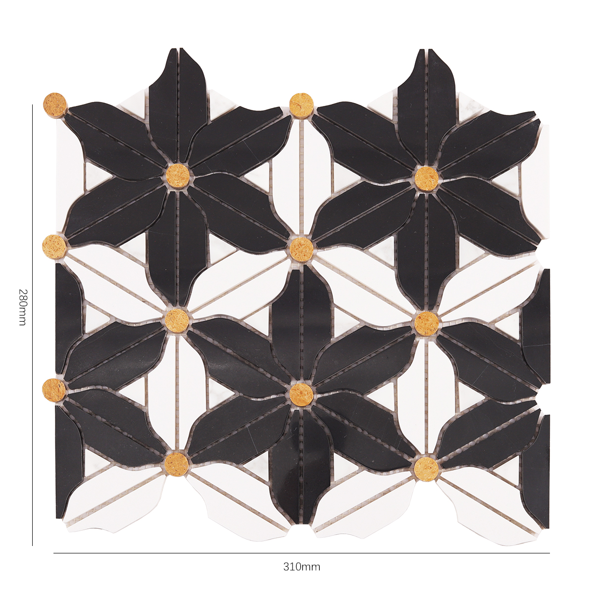 Obverse side of black and white flower marble mosaic tiles, showing size