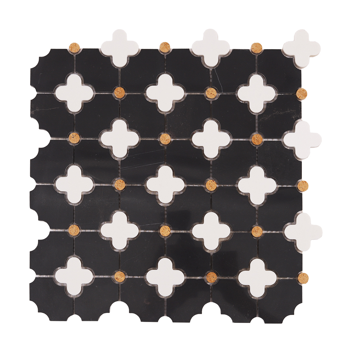 Obverse view of black and white flower waterjet marble mosaic tiles