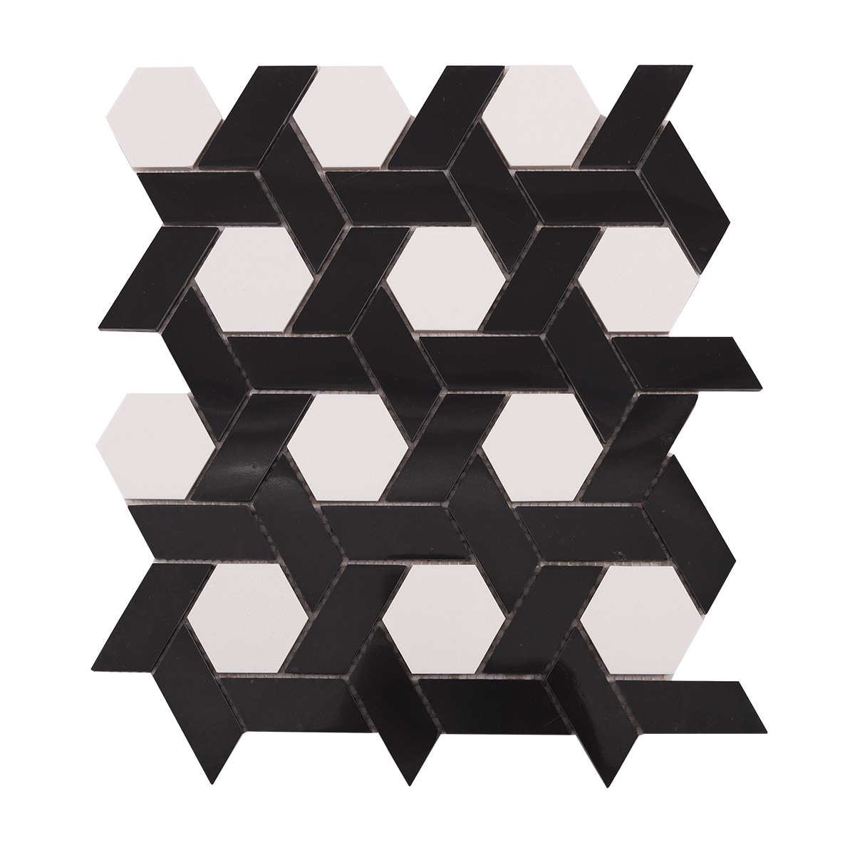 Obverse side of white and black lattice pattern natural stone mosaic tiles.