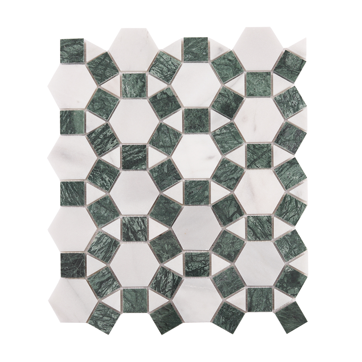 Obverse view of hexagon and square green sunflower ring marble mosaic tiles