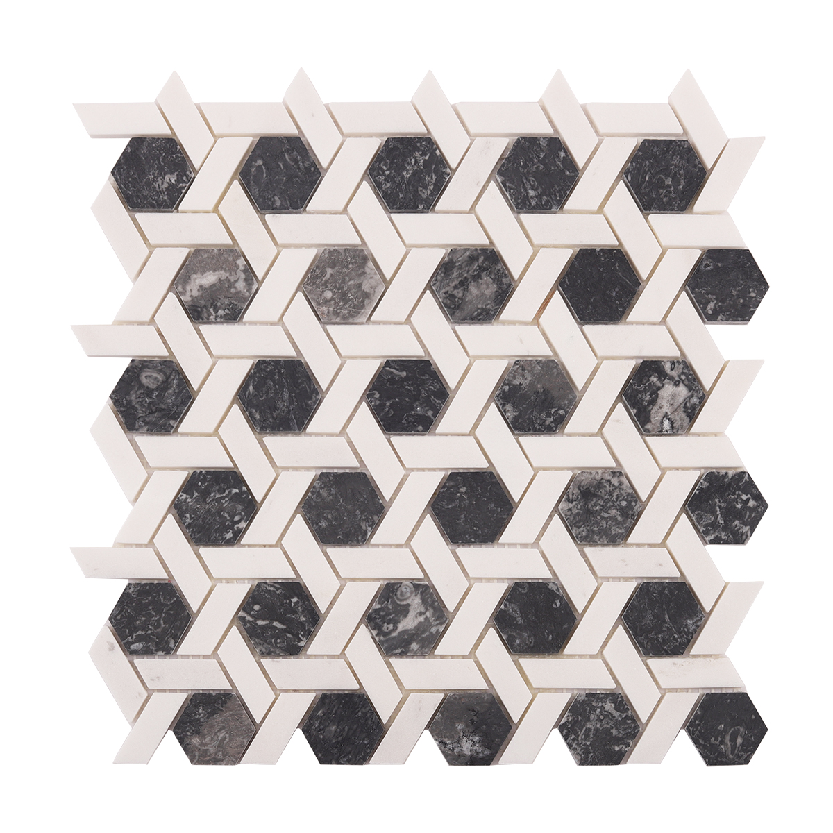 Obverse side of gray and white hexagonal lattice marble mosaic tiles