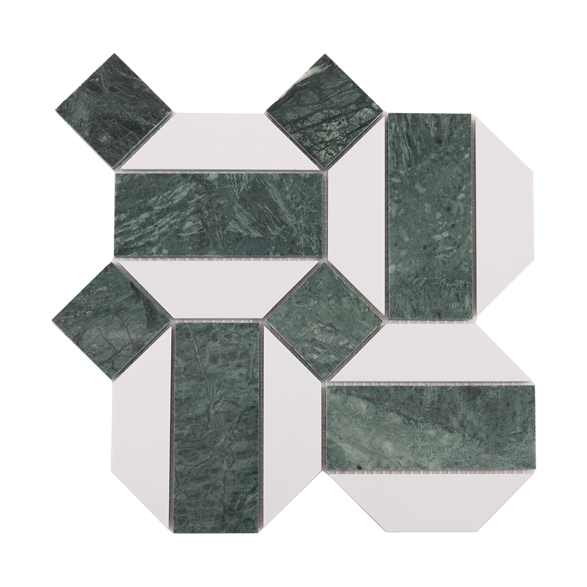 Obverse side of green & white hexagon marble mosaic tiles