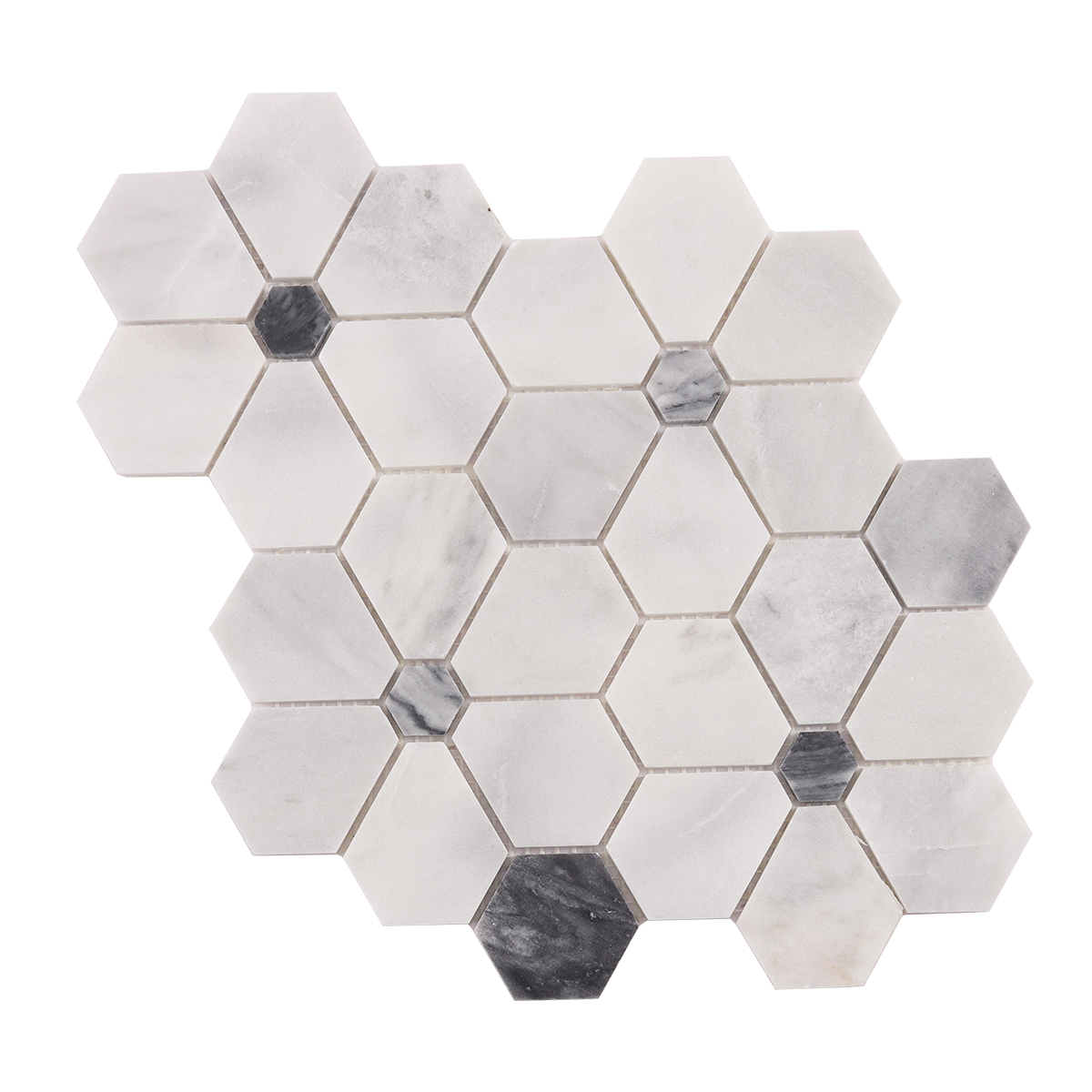 Obverse side of Carrara white hexagon flower marble mosaic tiles