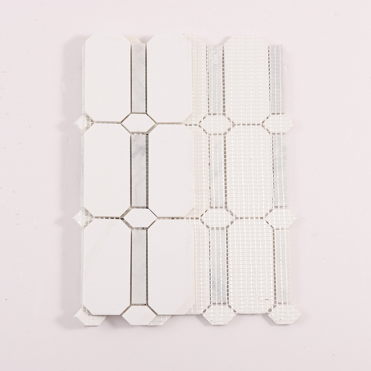 Back side of white octagon marble mosaic tiles, folded