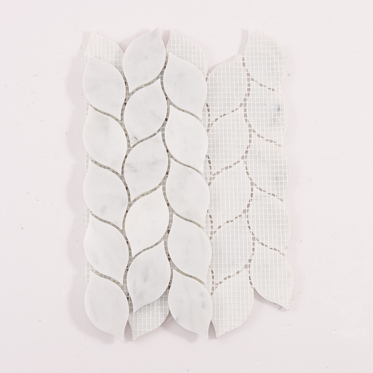 Back side of Carrara white leaf marble mosaic tiles, folded