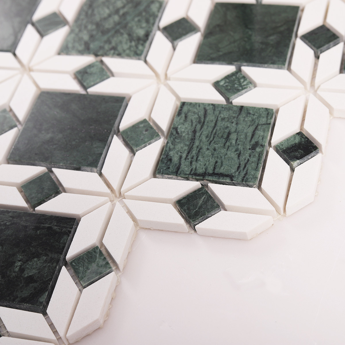 Side close-up view of Green and White Natural Marble Flower mosaic tiles