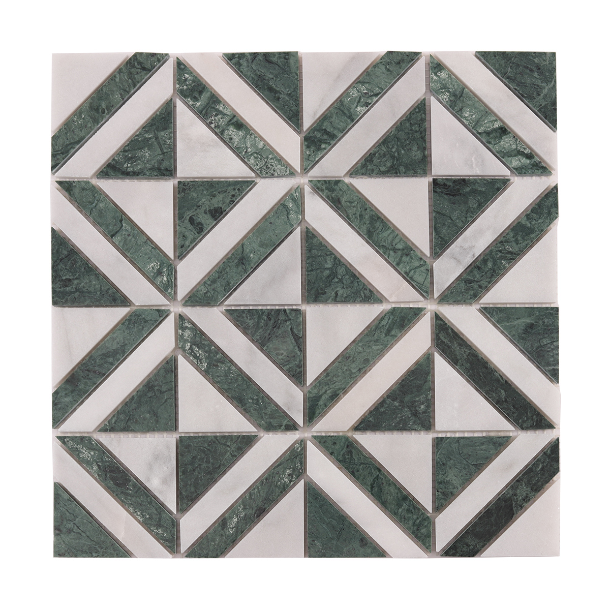 Front view of Green & White Triangle Marble Mosaic Tiles