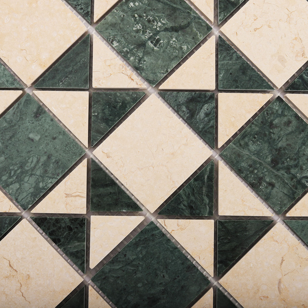 Close-up view of Natural Marble Green and Beige Mosaic Tiles.