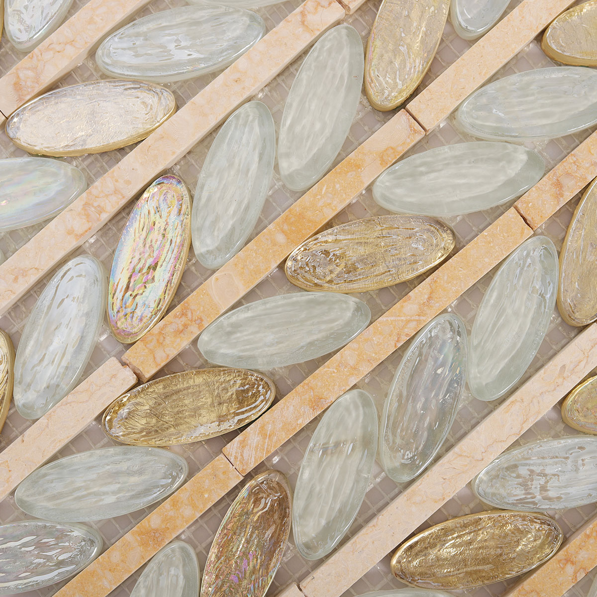 Macro close-up of Glass and Marble Oval Leaf Mosaic Tiles.