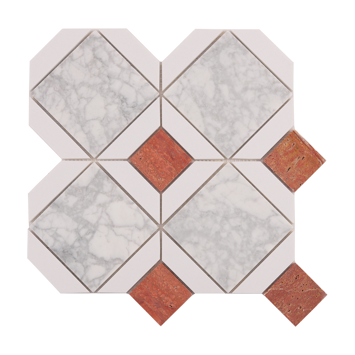 Front view of White and Red Polished Marble Mosaic Tiles.