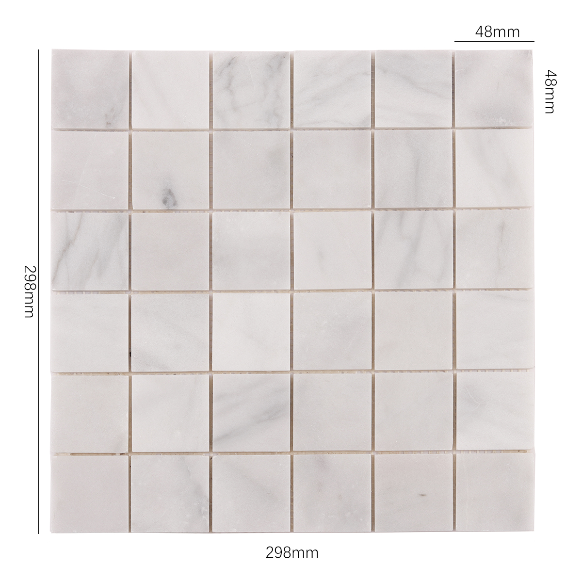 Size view of obverse side of Carrara Venato Square Marble Mosaic Tiles