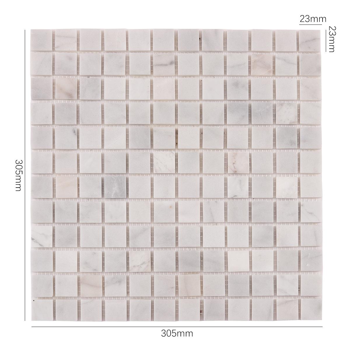 Size view of obverse side of Carrara Venato Square Honed Marble Mosaic Tiles.