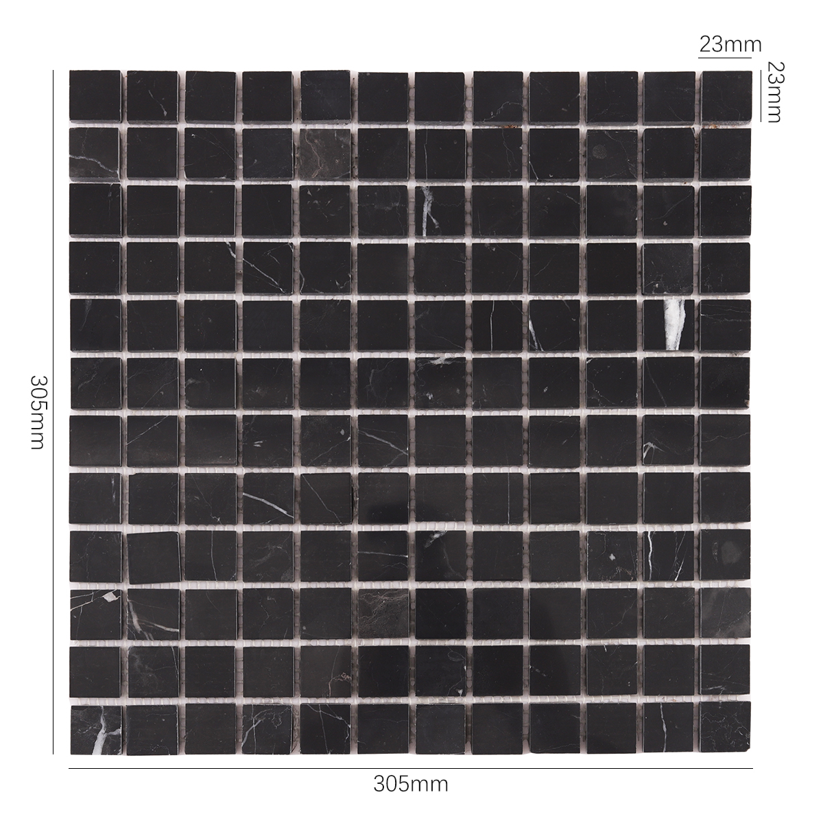 Size view of obverse side of Nero Marquina Square Black Polished Marble Mosaic Tiles.
