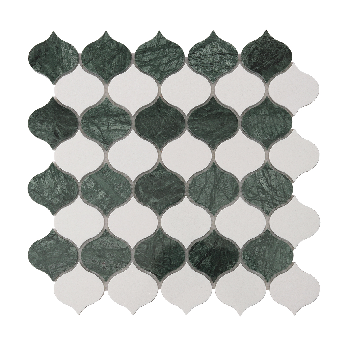 Obverse side of Green and White Arabesque Lantern Marble Mosaic Tiles.