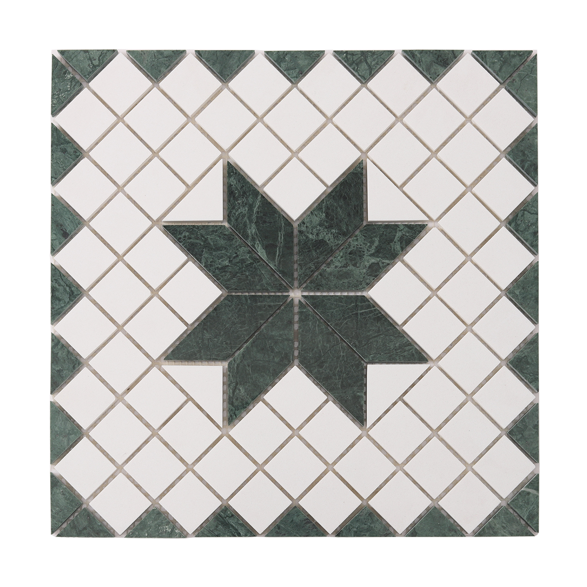 Obverse side of Green & Snow White Multi-Finish Star Marble Mosaic Tiles